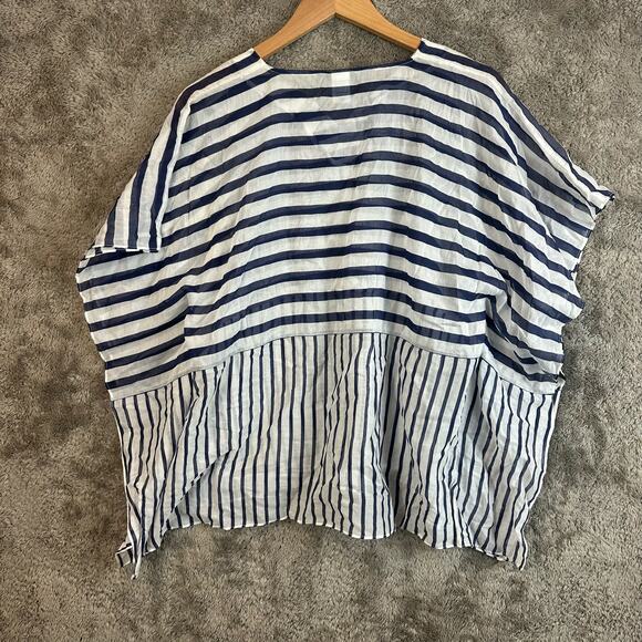 Talbots Silk Navy Blue White Semi-sheer Lighweight Kaftan Poncho Tunic Top S - Picture 4 of 9